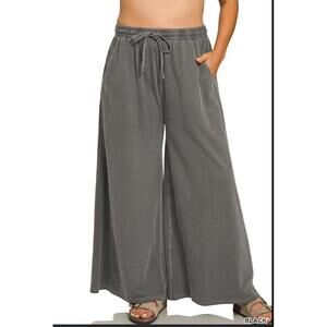 Zenana NWOT Black French Terry Pigment Dye Wide Leg Pants Size 3X Pockets